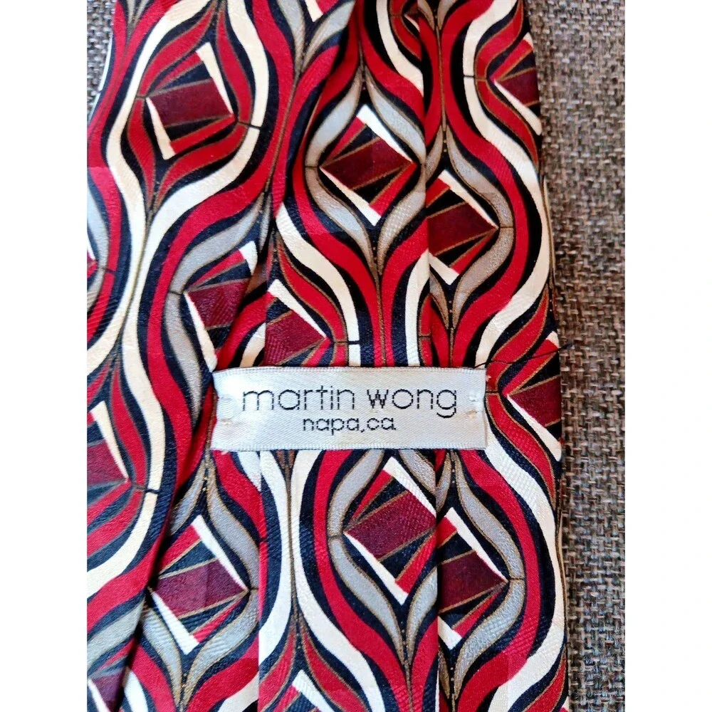 Tie 70s 80s 90s Y2K Mens Martin Wong Silk Red Gray Ivory Black 4 Wide 60 Long